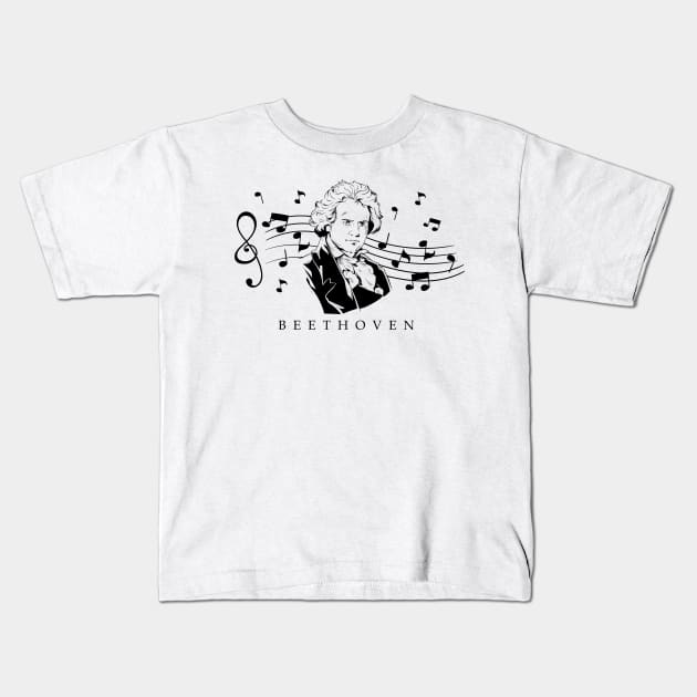 The Ludwig van Beethoven Portrait and Bust with Notes Kids T-Shirt by Bach4you